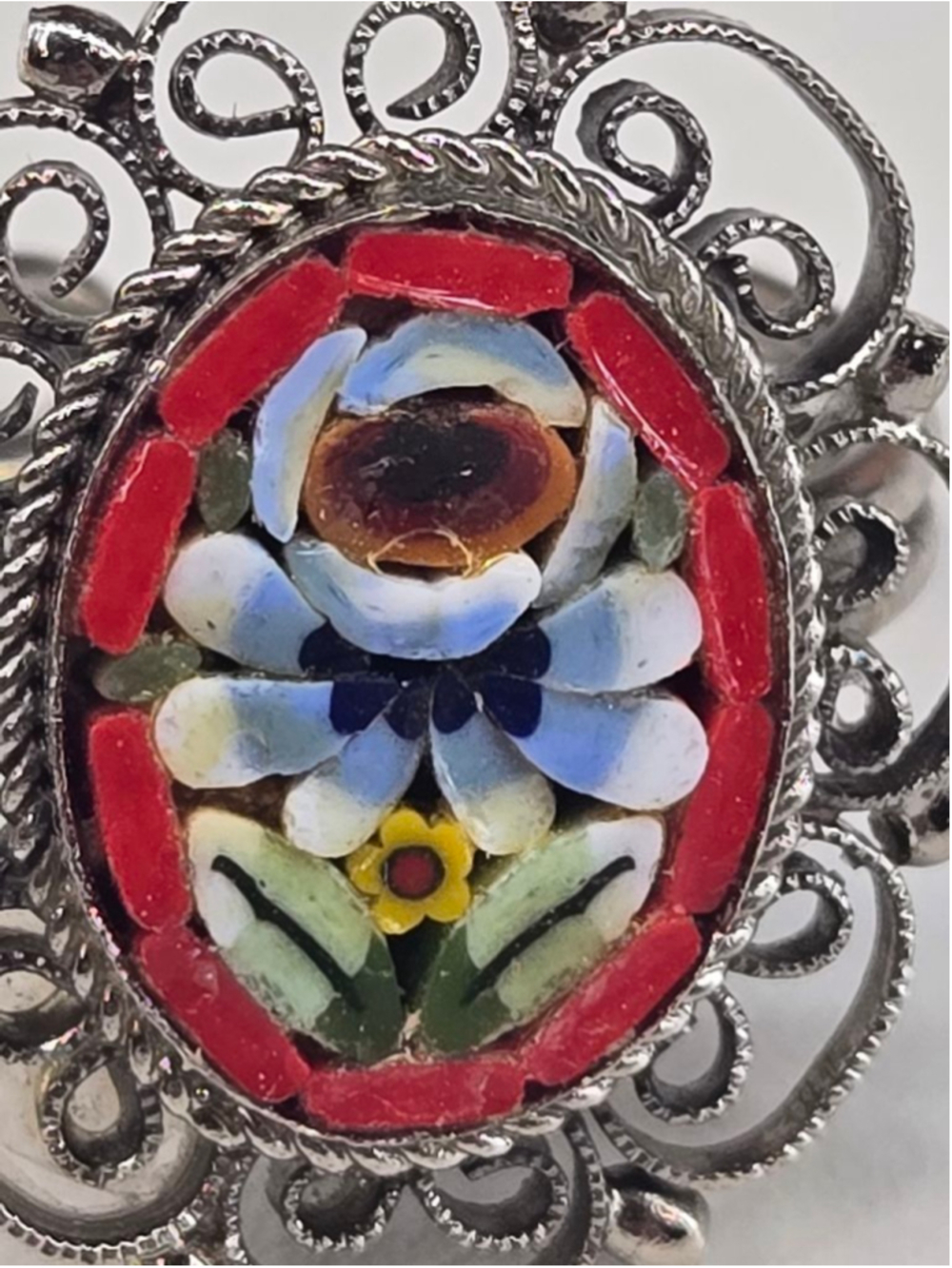 Micro Mosaic Ring Adjustable Ornate Silver Oval Frame Red Blue Floral Detailed - Picture 2 of 9